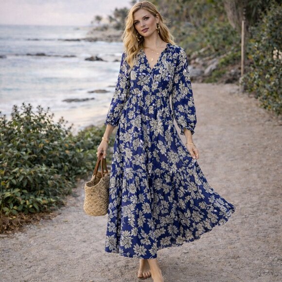 Beautiful Flower printed full sleeve maxi statement Blogger dress women Size M
